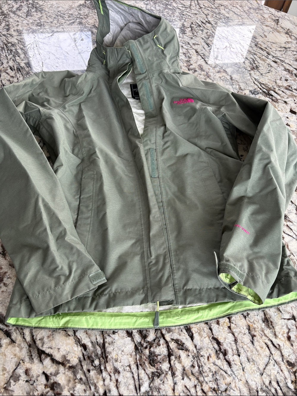The North Face Olive Hooded Rain Shell with Pink Logo